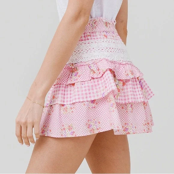 LoveShackFancy Pink Floral Tiered Mini Skirt - Picture 2 of 12